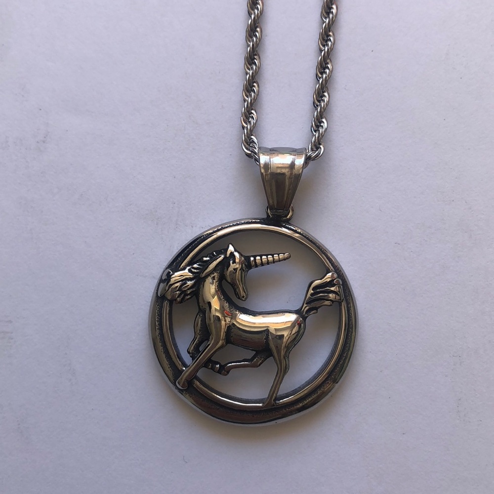 Stainless steel cast unicorn rope  necklace. Unisex